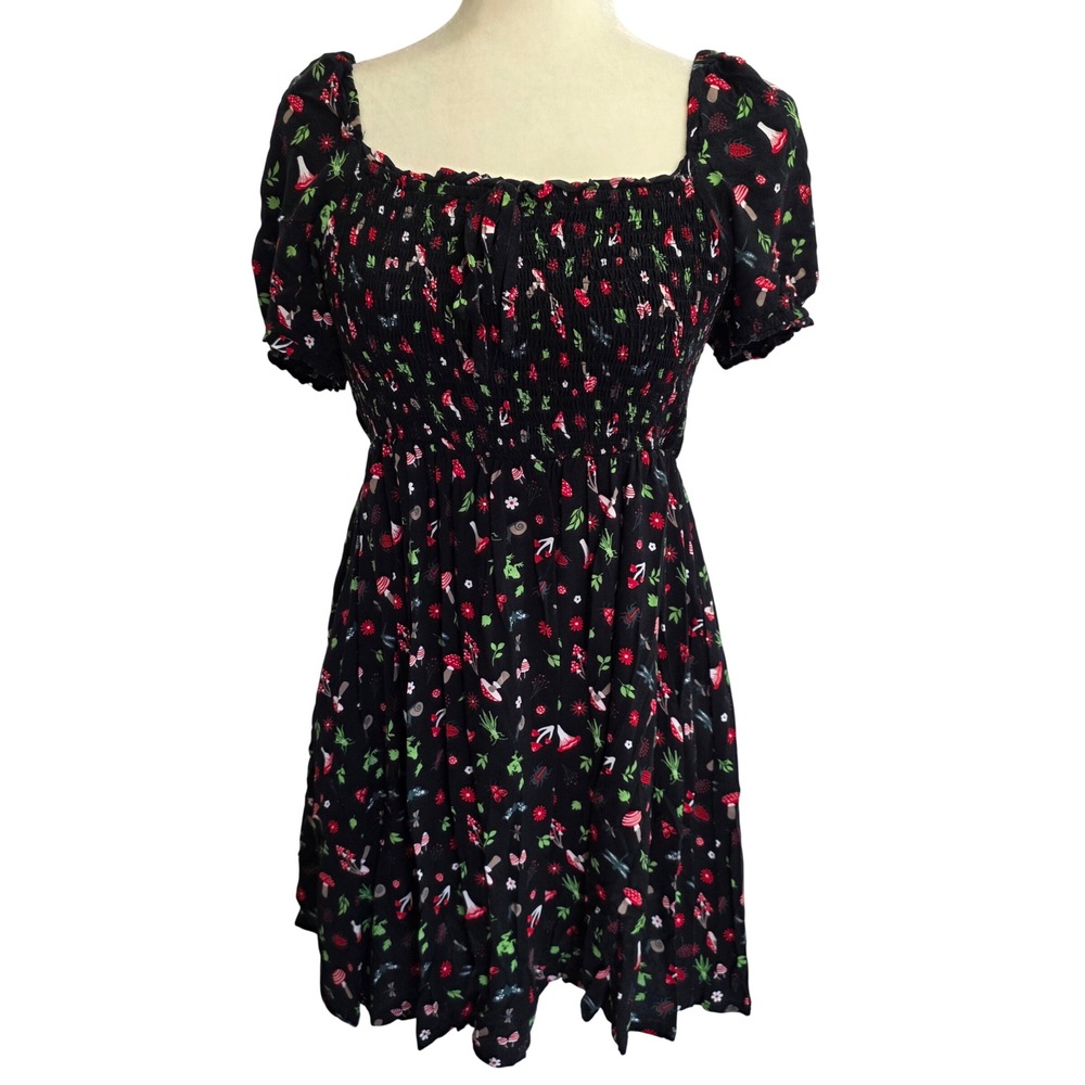 Hot Topic Mushroom Frog Snail Print Smocked Mini Dress Black Small Cottagecore